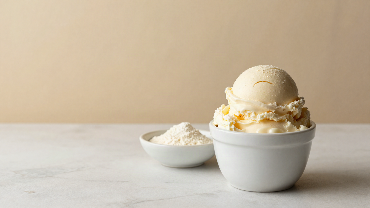 A scoop of pale fior di latte gelato in a white ceramic cup with a small dish of milk powder behind it on marble