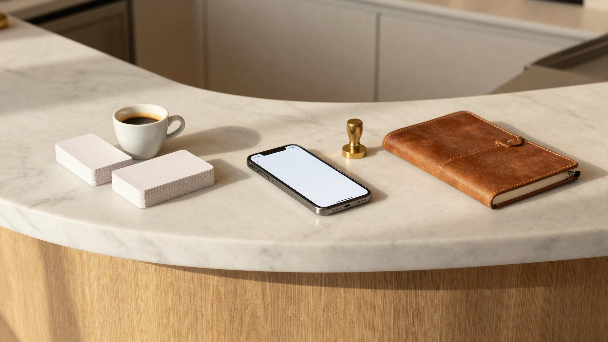 A gelateria counter set up for a customer loyalty program with cards, a stamp and a rewards app