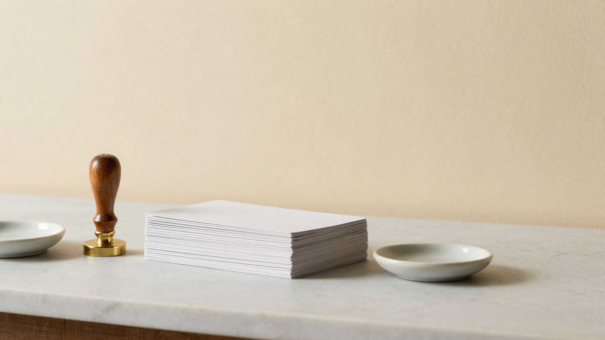 A neat stack of loyalty punch cards and a small brass stamp resting on a marble counter