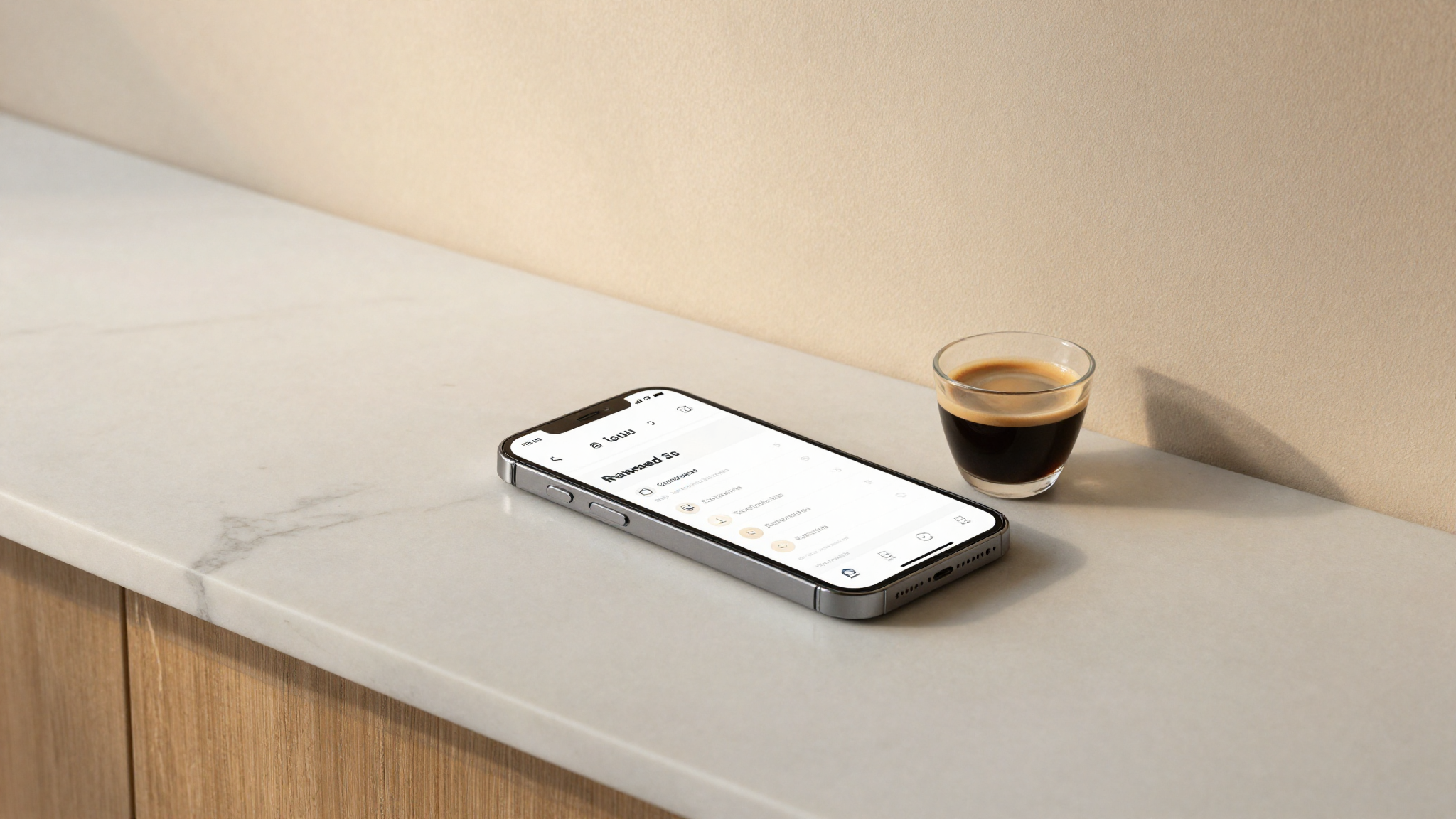 A smartphone showing a clean minimal rewards app beside an espresso cup on a marble counter