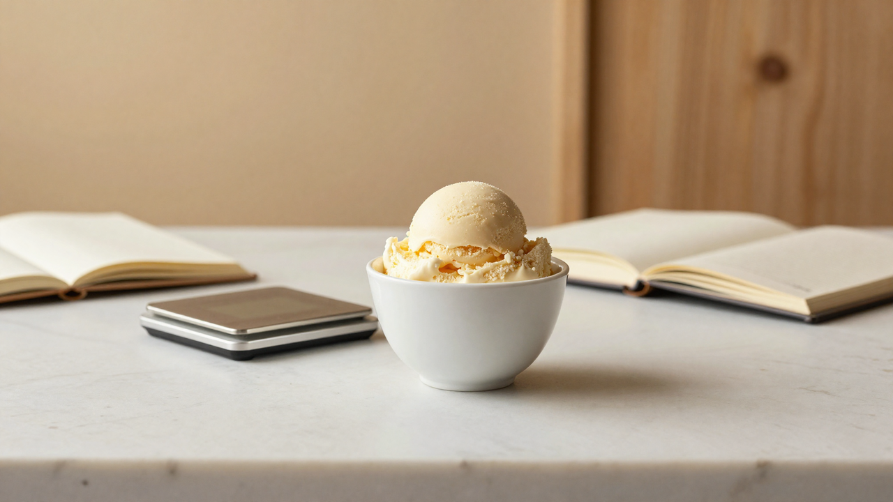 High-protein gelato in a ceramic cup with a small scale and notebook nearby on marble