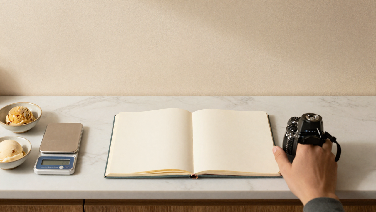 Top-down marble counter with notebook, scale and small dishes of gelato ingredients