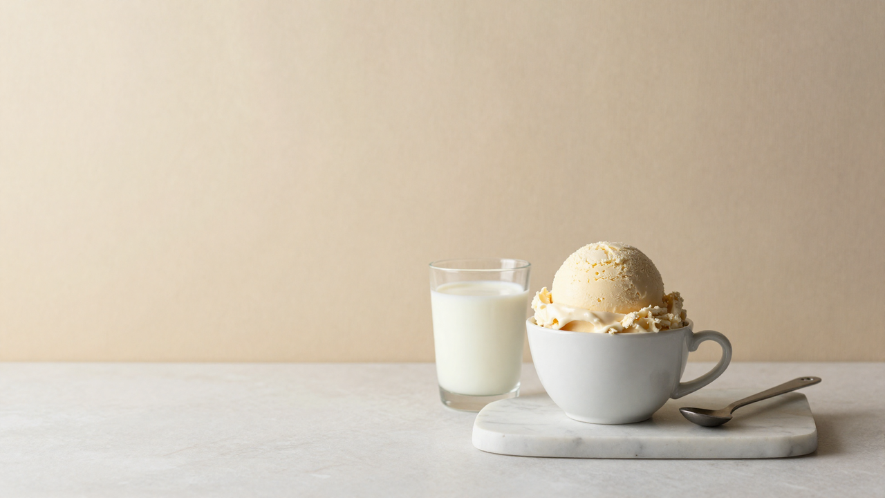 Single scoop of gelato in a white ceramic cup beside fresh milk on marble