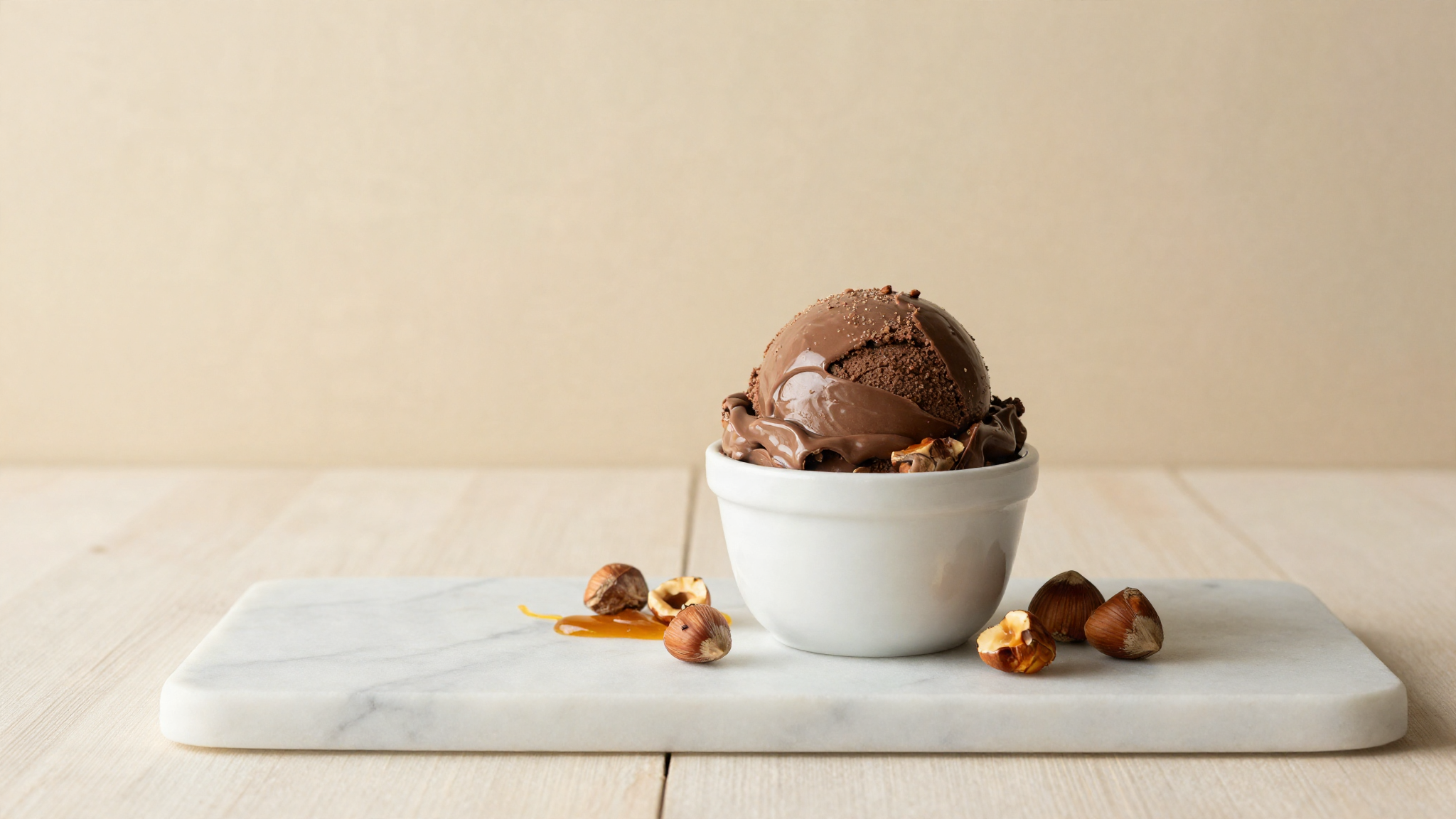 A scoop of chocolate hazelnut gelato with roasted hazelnuts and amber caramel on marble
