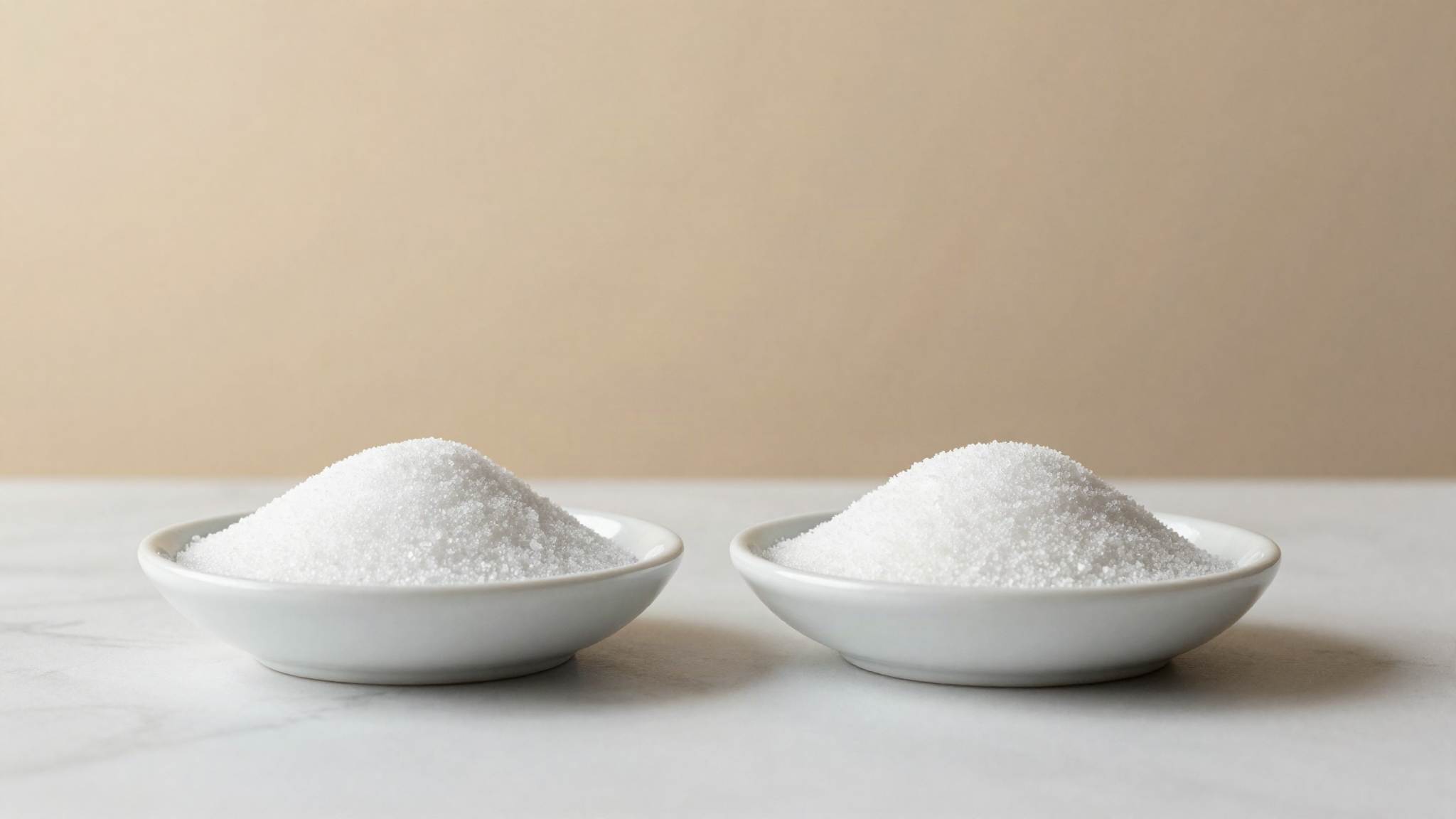 Two small white ceramic dishes of crystalline maltitol and sorbitol side by side on a marble bench
