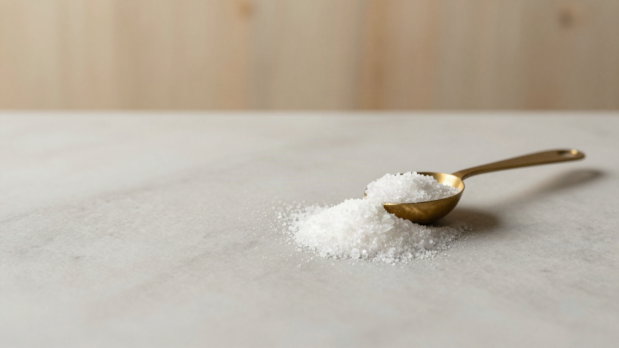 Fine white polyol crystals spilled on pale marble beside a small brass measuring spoon