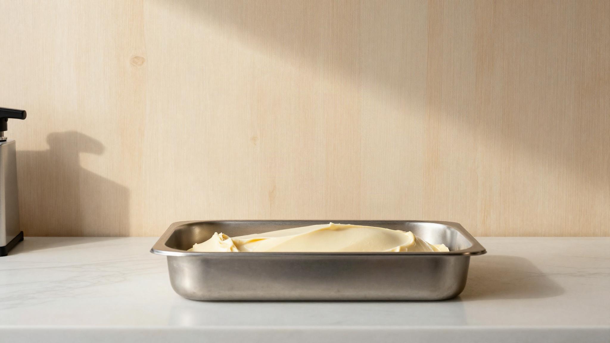 A shallow stainless steel pan of glossy pale gelato with a smooth ribbon surface on a lab bench