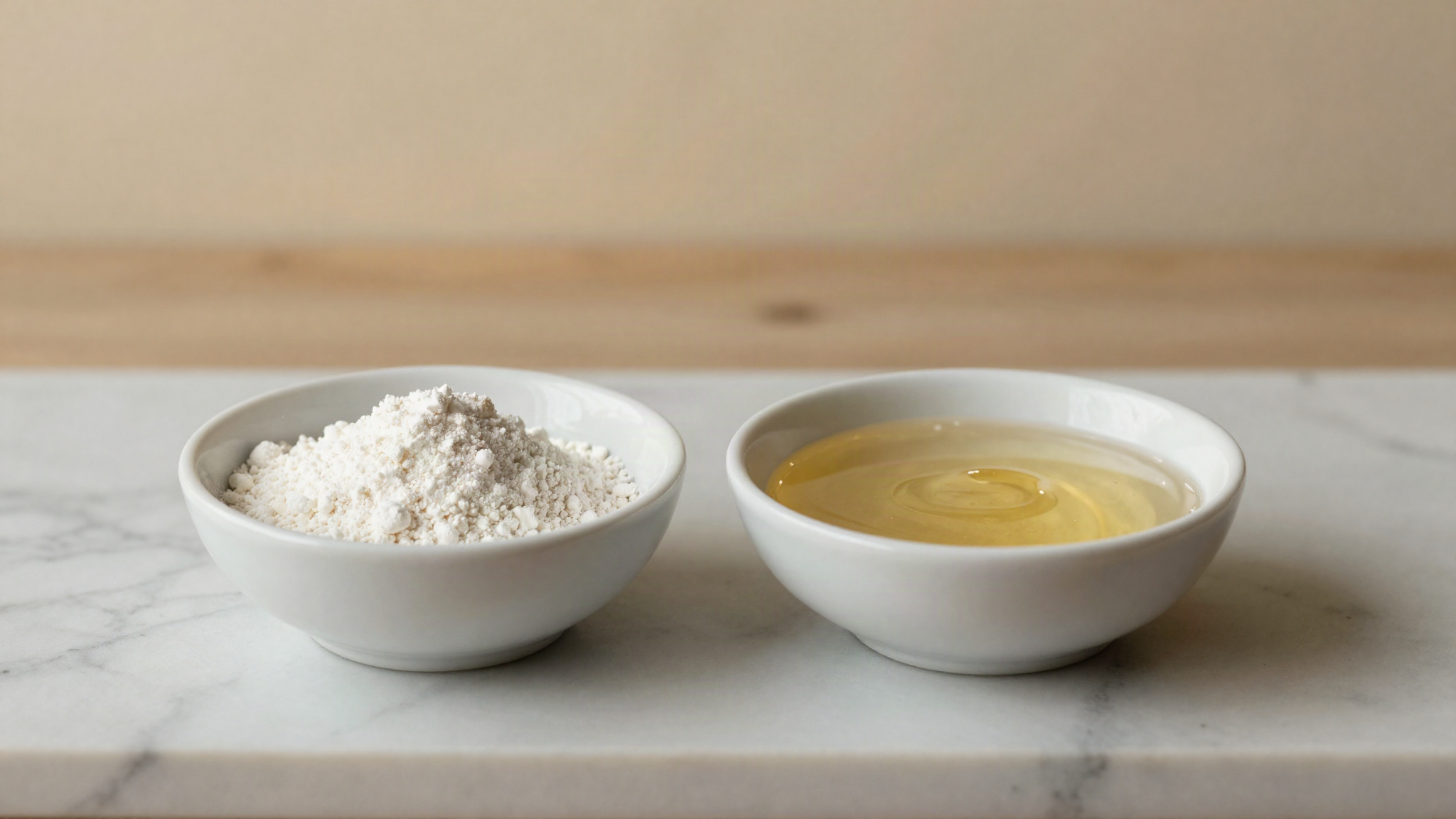 Fine white maltodextrin powder and thick clear glucose syrup in two ceramic bowls on marble