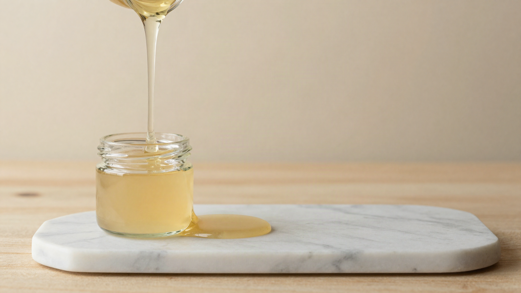 A ribbon of thick clear glucose syrup pouring slowly onto a marble slab