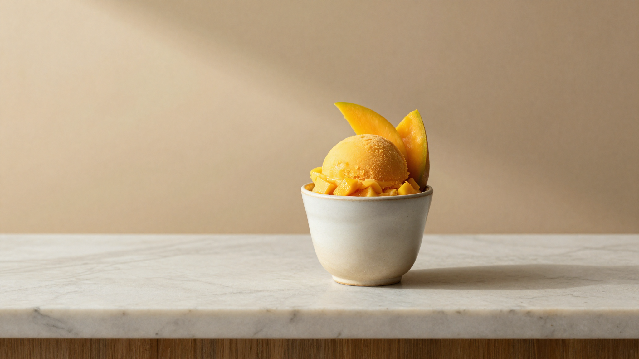 Mango sorbet scoop in a white ceramic cup with fresh ripe mango slice on marble