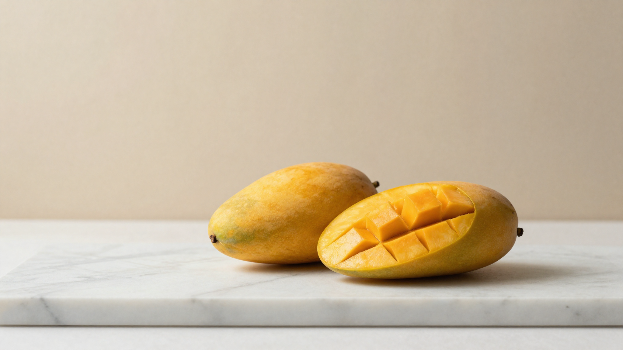 Two ripe golden alphonso mangoes on white marble surface with one cut showing vivid orange flesh