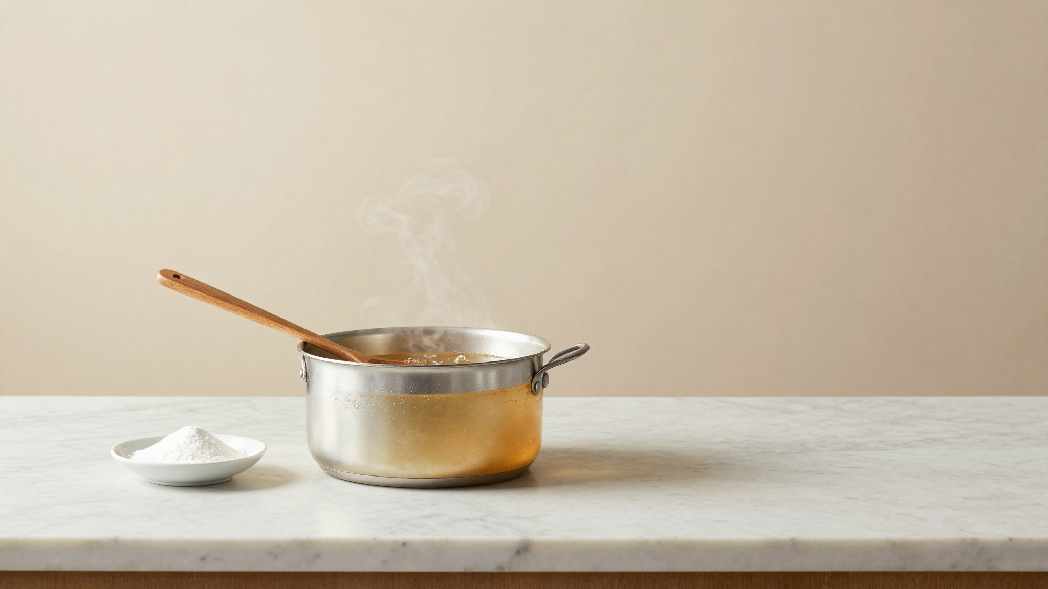 Clean professional saucepan with translucent golden sugar syrup on polished marble counter with wooden spoon