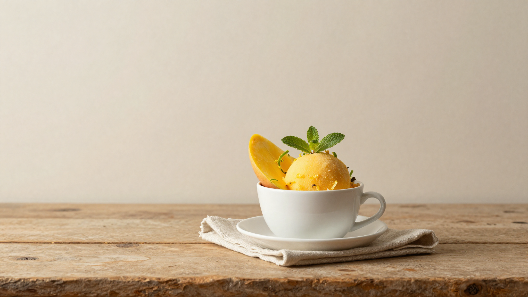 Mango sorbet plated in small white ceramic cup with thin slice of ripe mango and fresh mint garnish on aged wood
