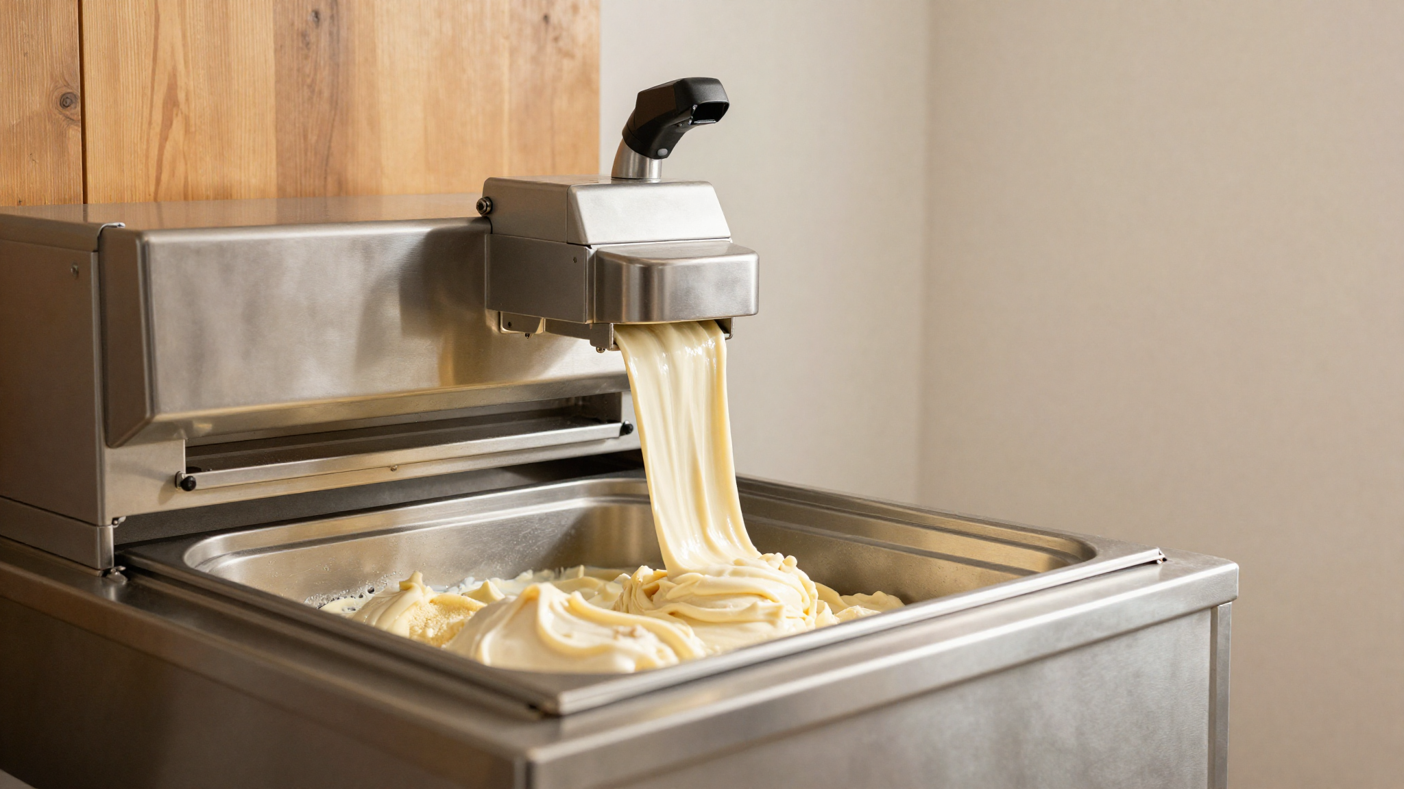 A polished mantecatore drawing fresh gelato in an Italian lab