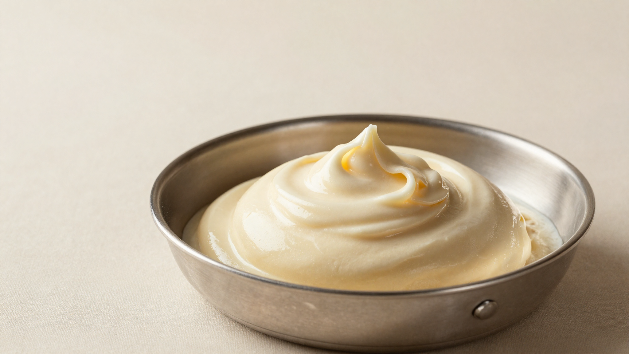 A glossy freshly churned ribbon of gelato with fine smooth texture in a stainless pan