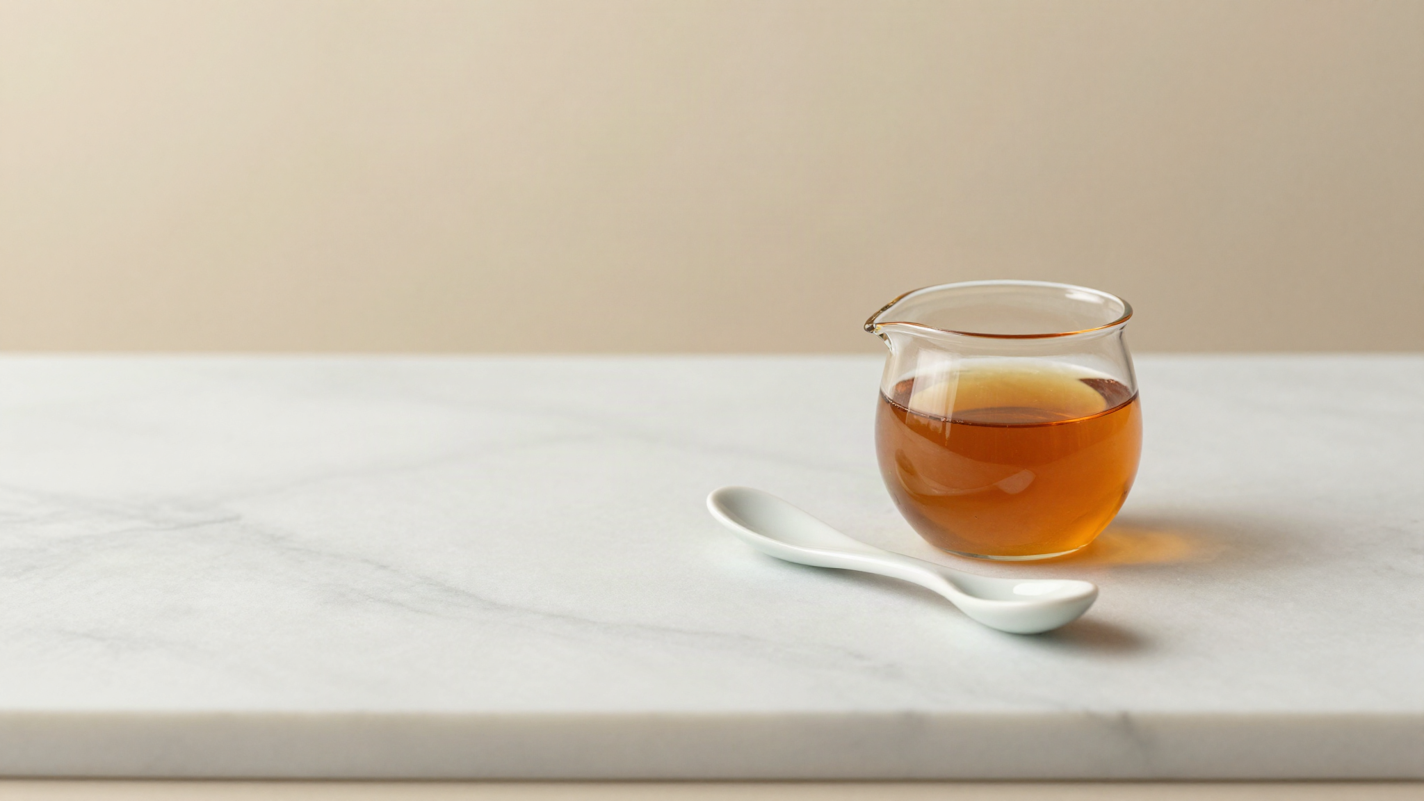 Amber maple syrup in a small glass pitcher beside a ceramic spoon on a marble surface
