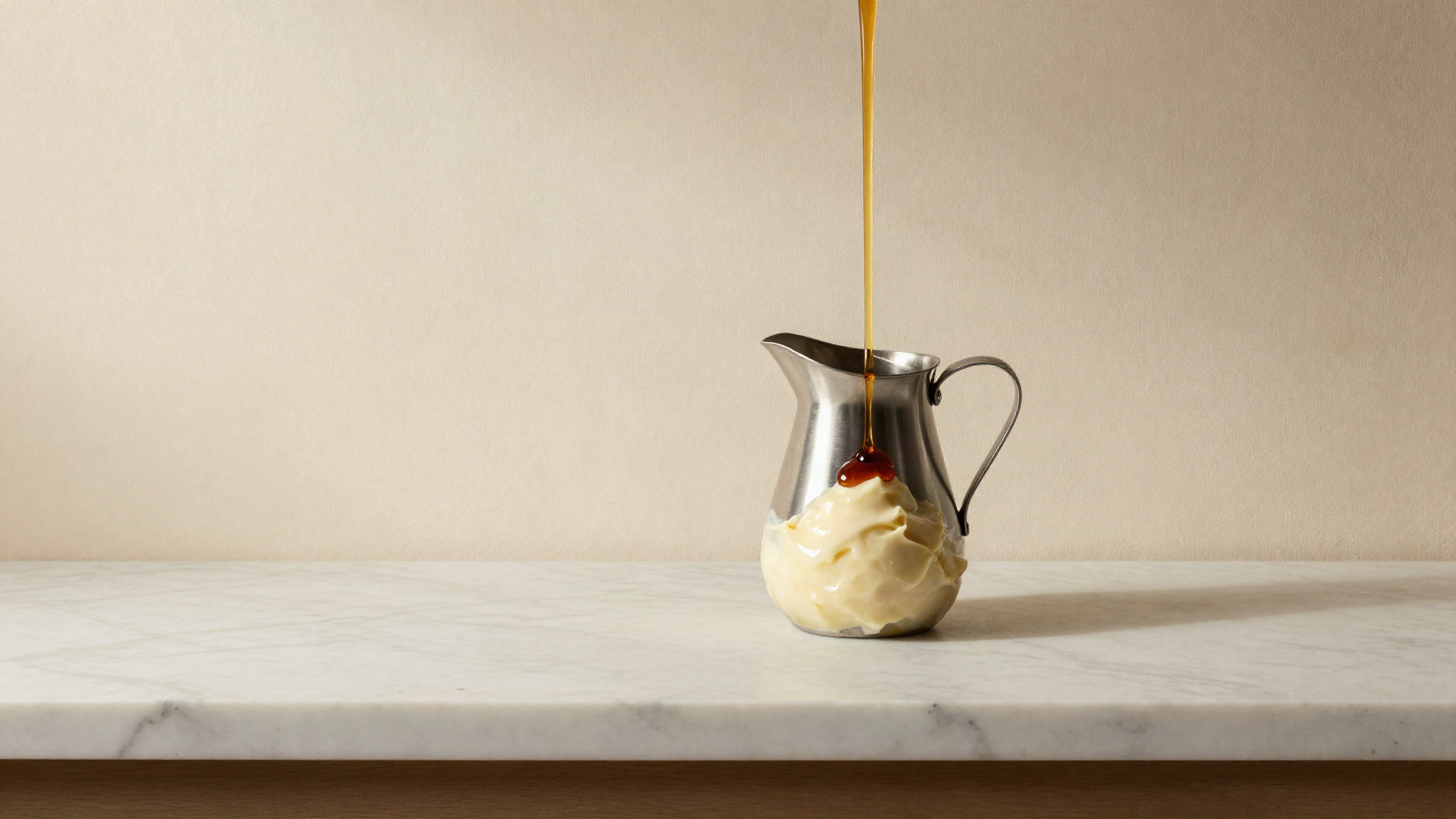 Dark amber maple syrup drizzling in a thin ribbon into a stainless steel jug of pale gelato base