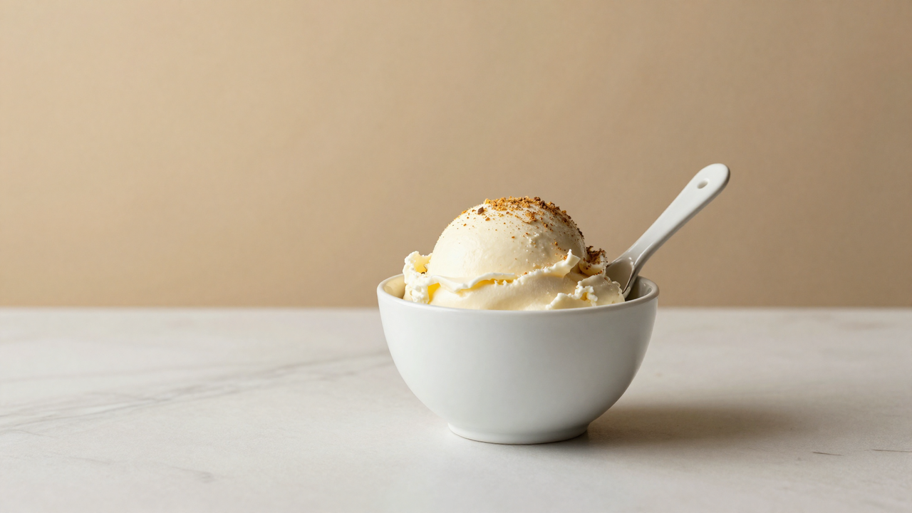 Scoop of mascarpone gelato in a white ceramic cup on marble with a mini paddle