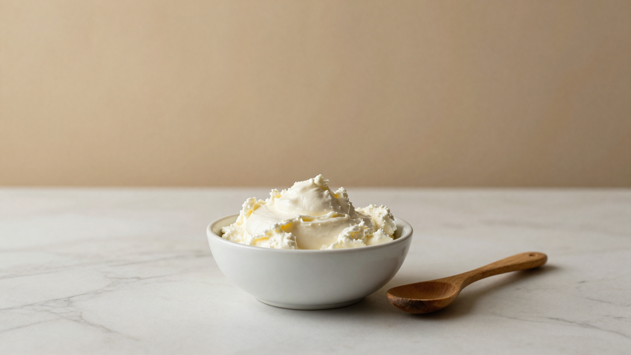 Fresh mascarpone in a white ceramic bowl on marble, soft creamy ingredient shot