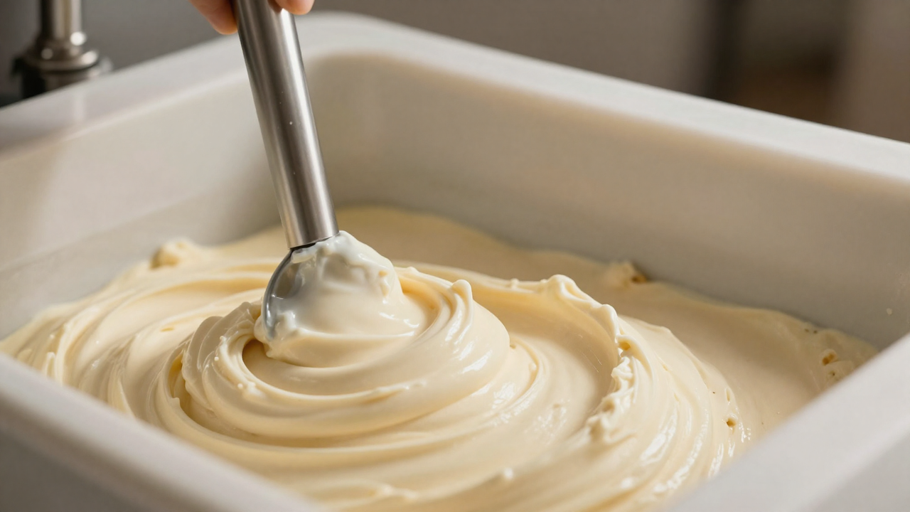 Pale creamy gelato churning on a stainless paddle in a batch freezer