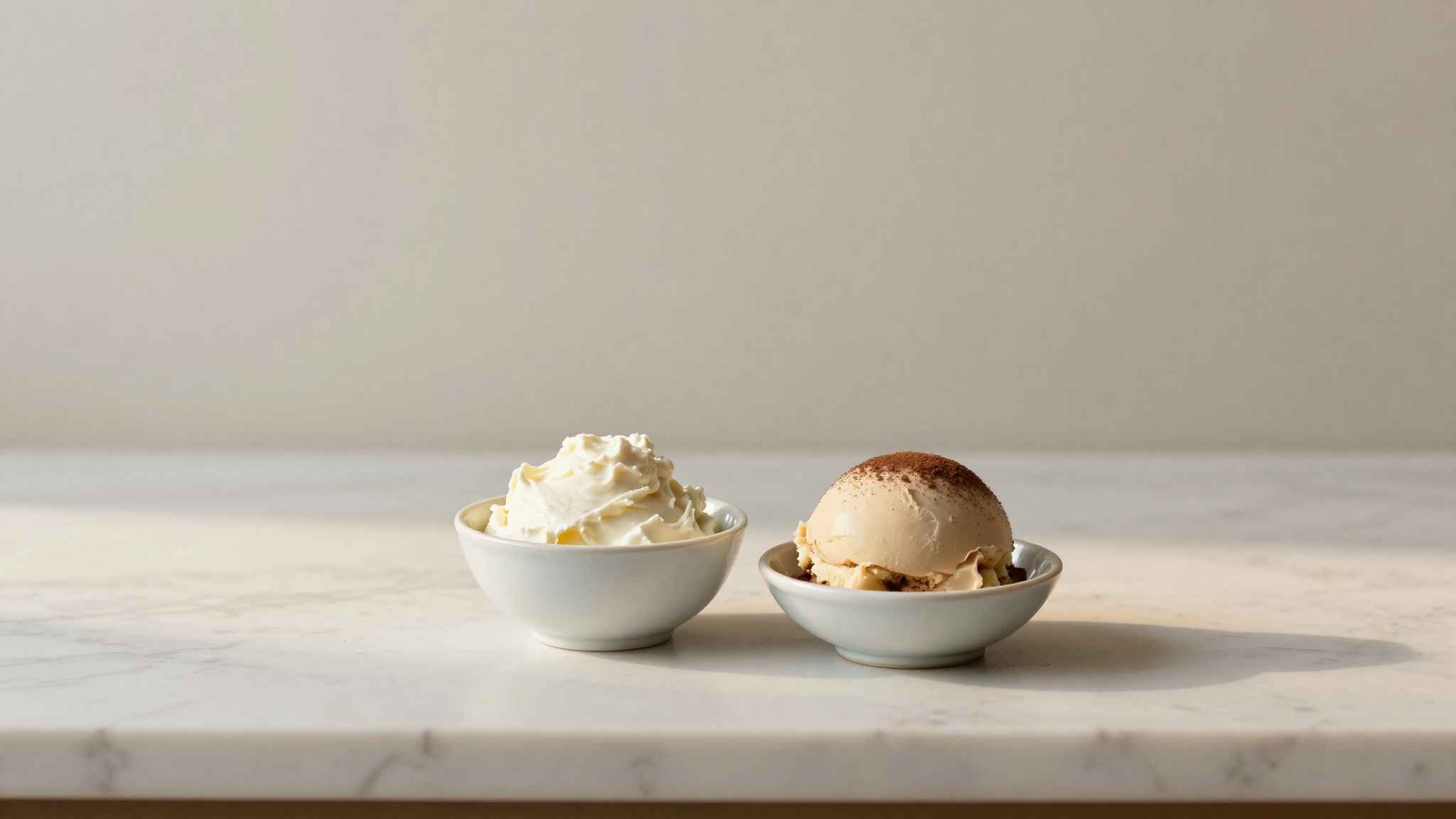 Bowl of fresh mascarpone next to a serving of pale tiramisu gelato on a white marble counter