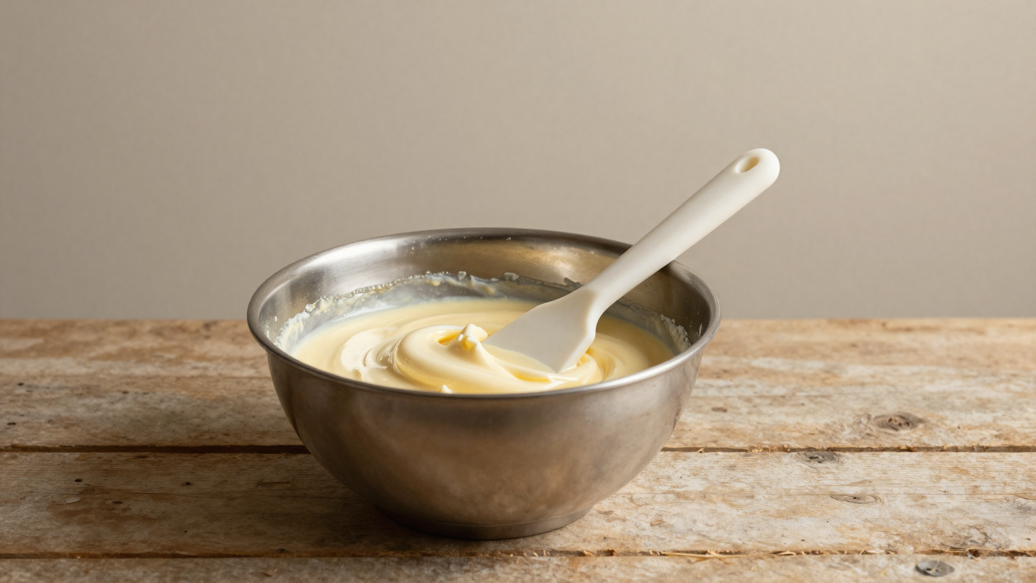 Stainless steel mixing bowl with mascarpone being folded into a pale yellow zabaione base