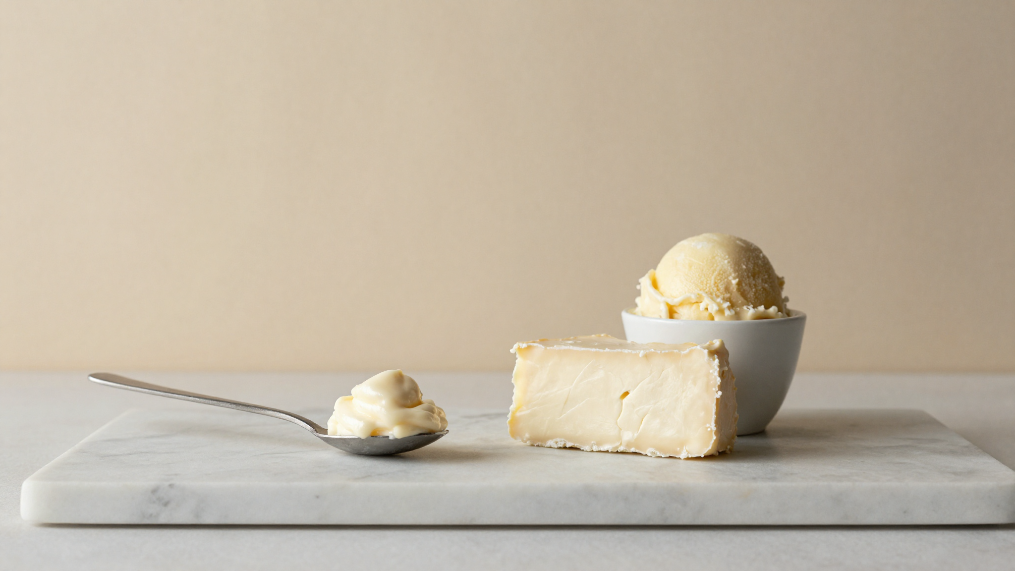 A spoon of mascarpone beside a block of cream cheese on marble with a cup of pale gelato