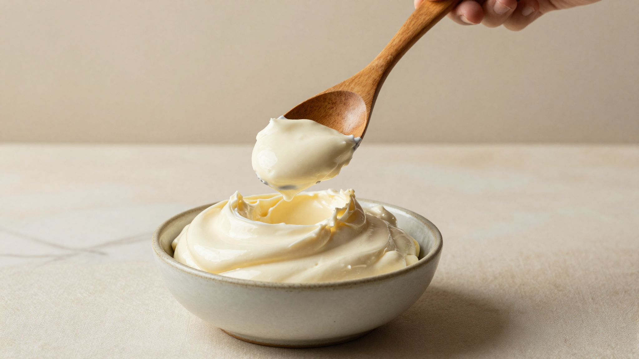 A wooden spoon lifting thick glossy mascarpone from a ceramic bowl