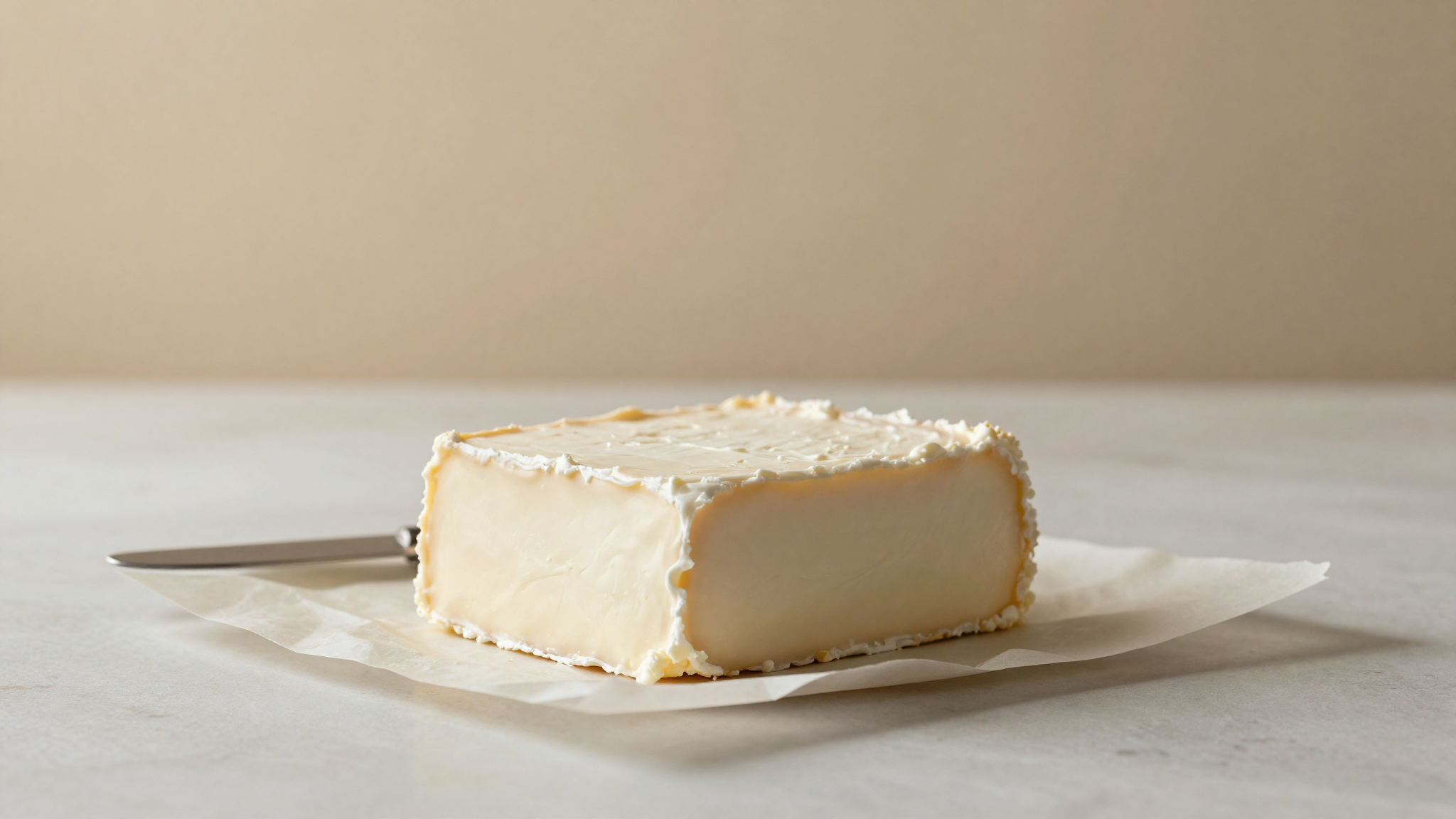 A block of fresh cream cheese on parchment with a knife beside it