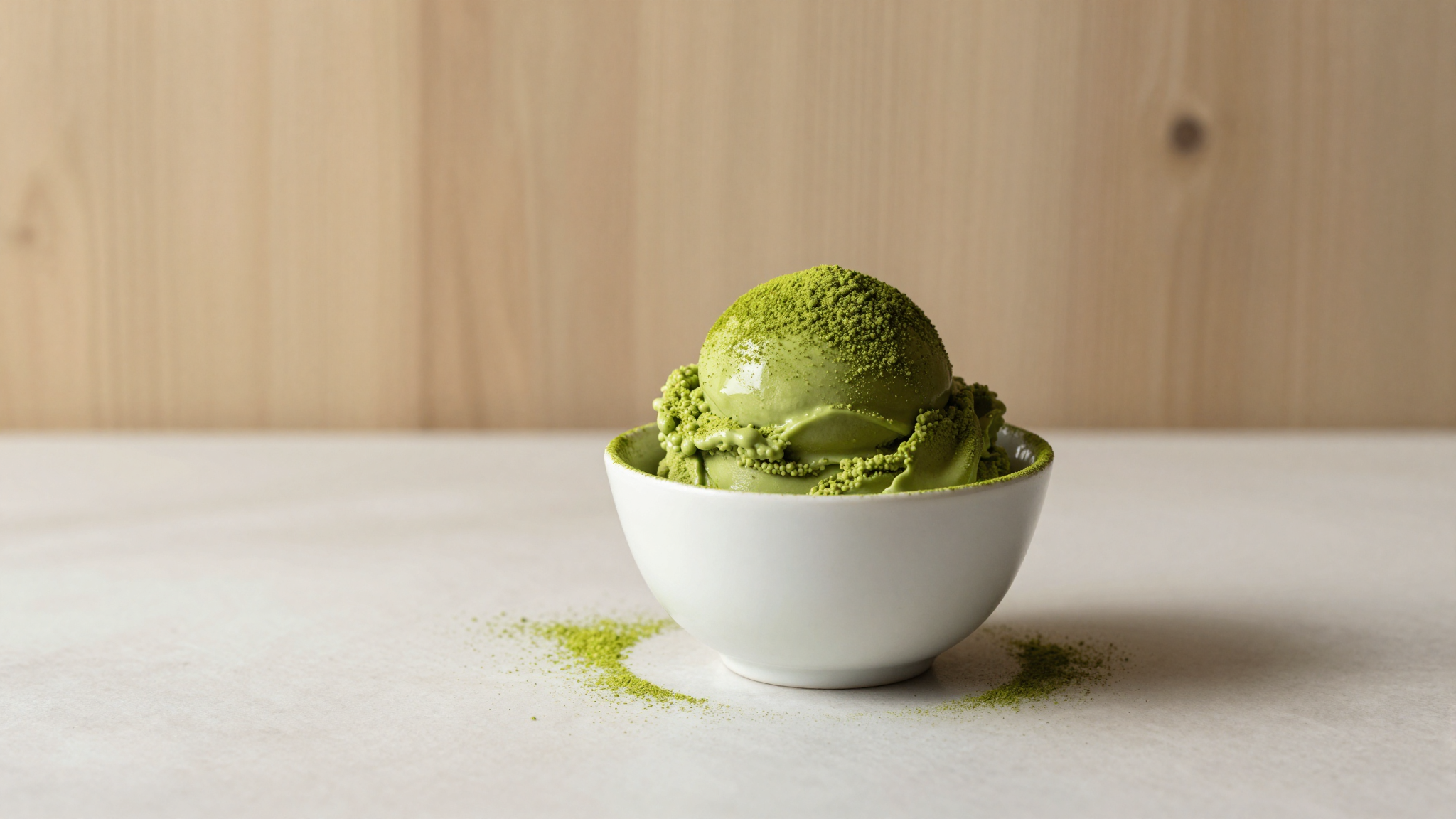 A serving of vivid green matcha gelato in a white ceramic cup dusted with bright green matcha powder
