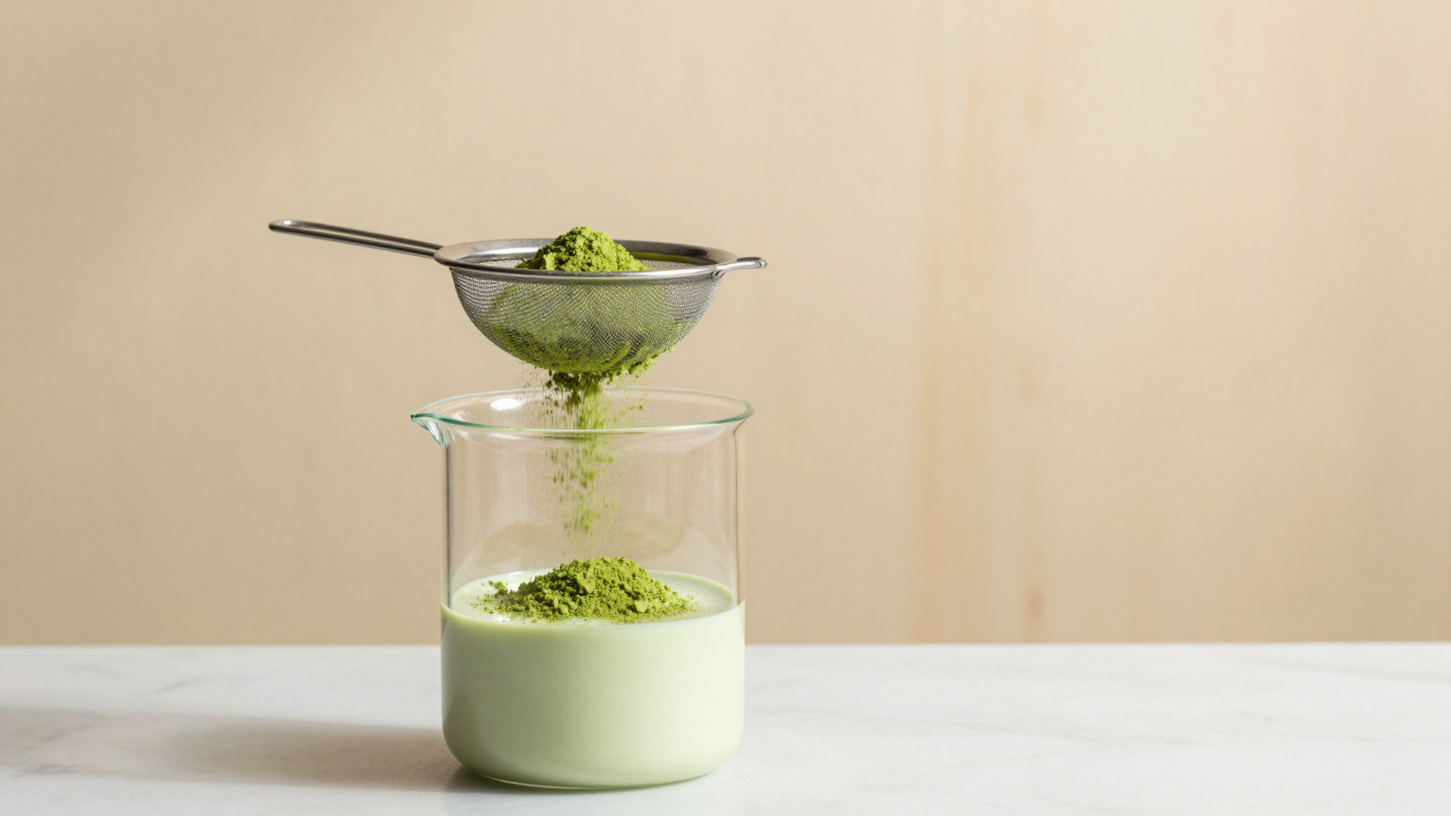 Bright green matcha powder being sifted through a fine sieve into a beaker of warm pale milk base