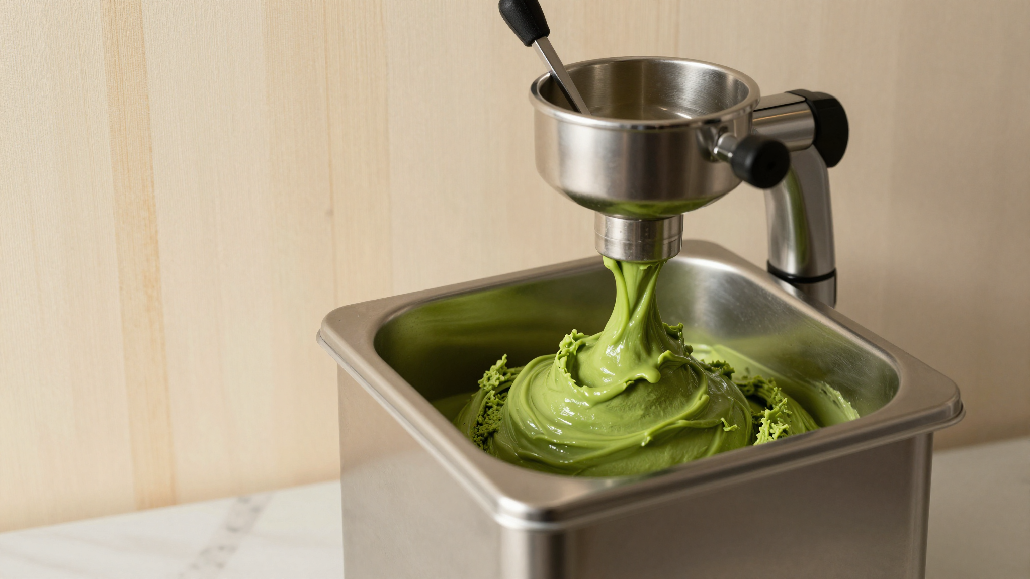 Vivid green matcha gelato churning inside a stainless steel batch freezer mantecatore