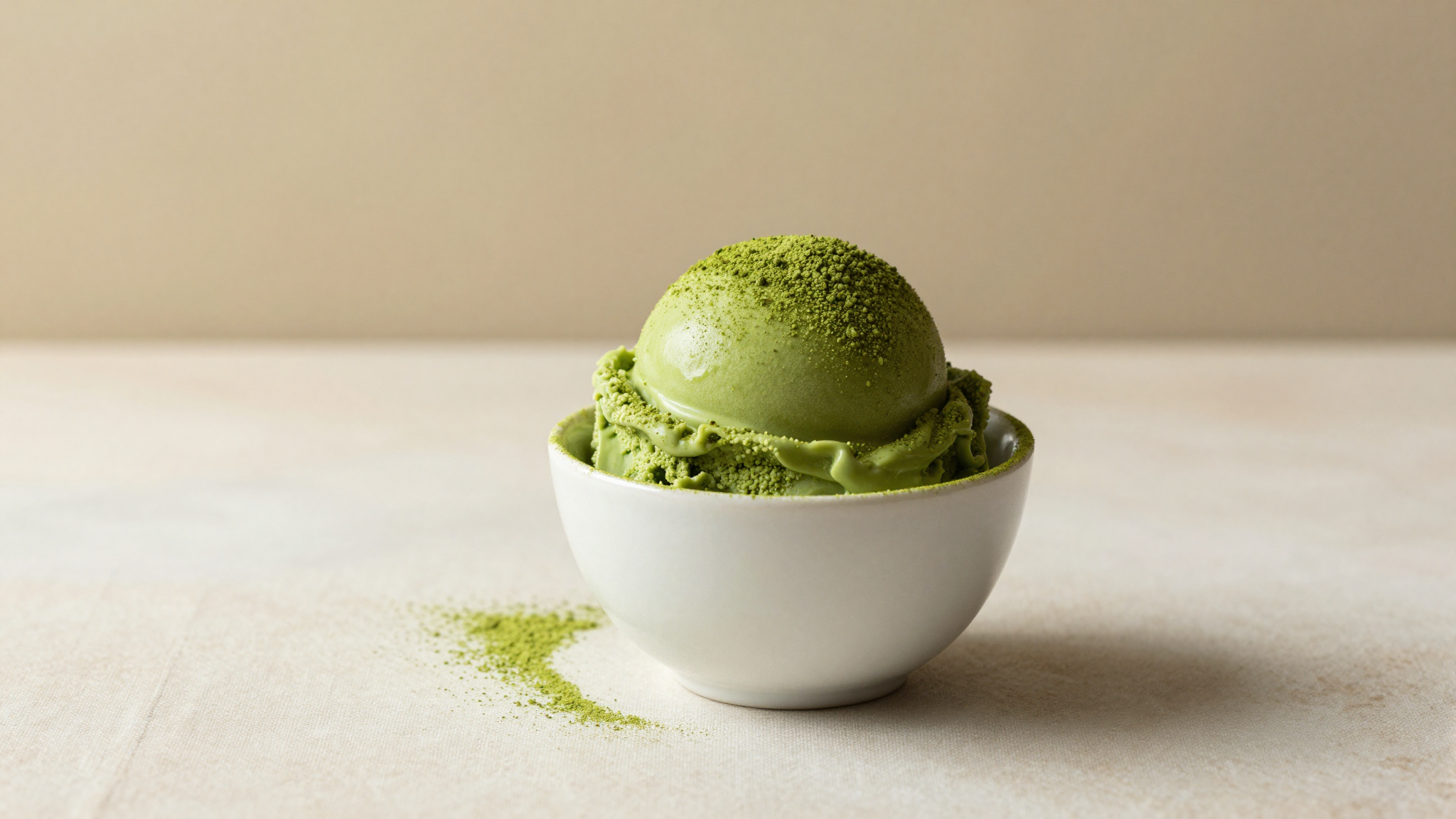 A single elegant scoop of vivid green matcha gelato in a white ceramic cup dusted with matcha powder