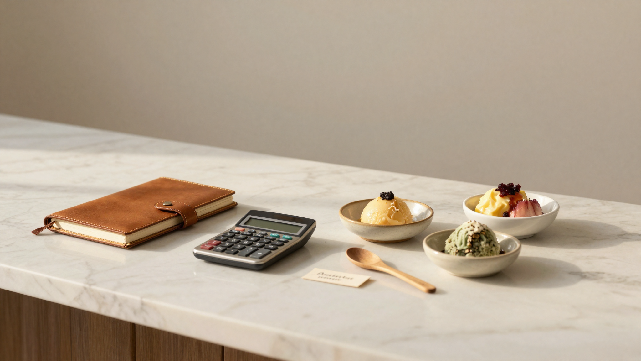 Marble counter top with leather notebook calculator and gelato dishes showing menu engineering analysis