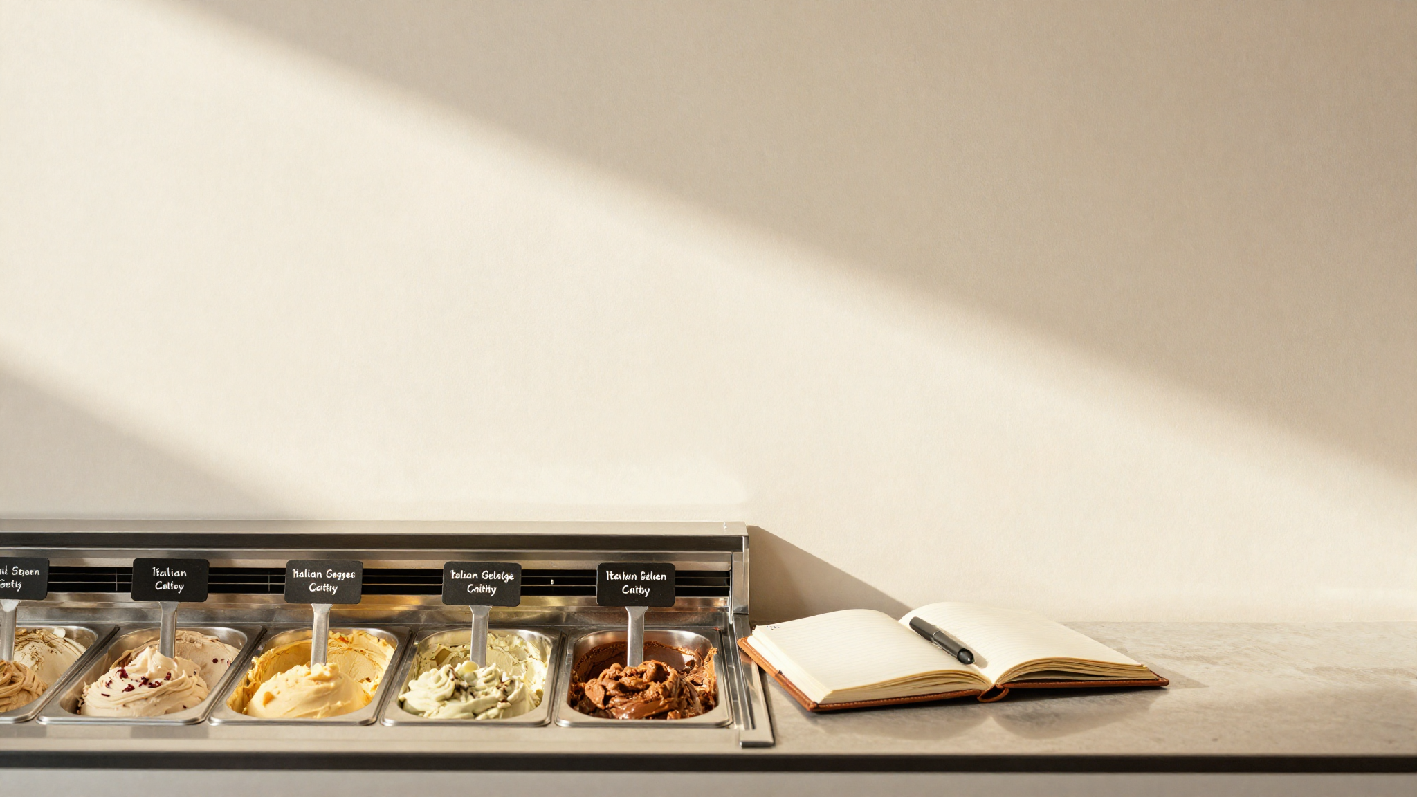 Editorial overhead shot of a gelato case with labeled flavor pans and a small notebook for menu analysis