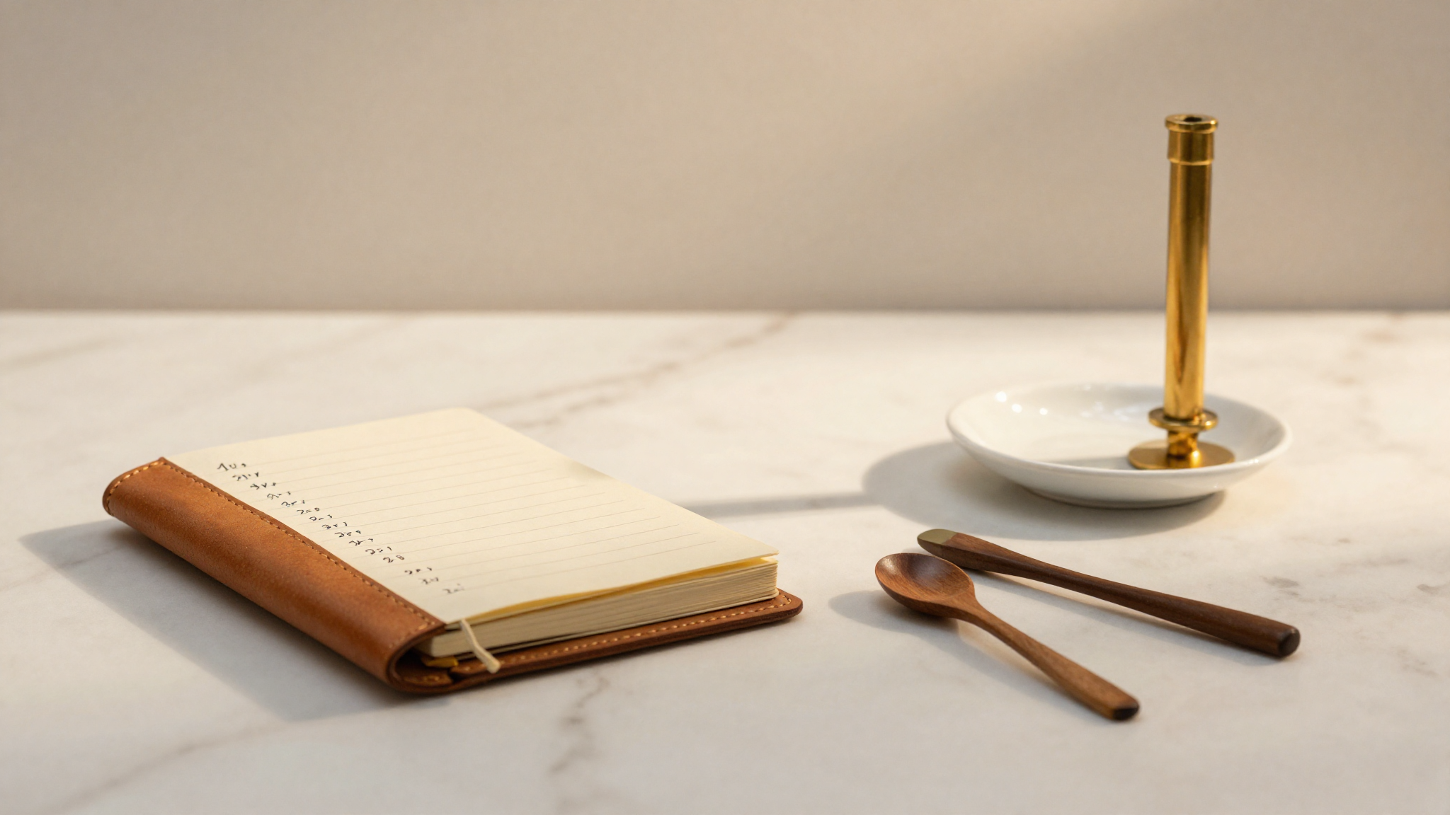 Editorial photo of a small notebook with handwritten flavor sales tallies next to a refractometer on marble