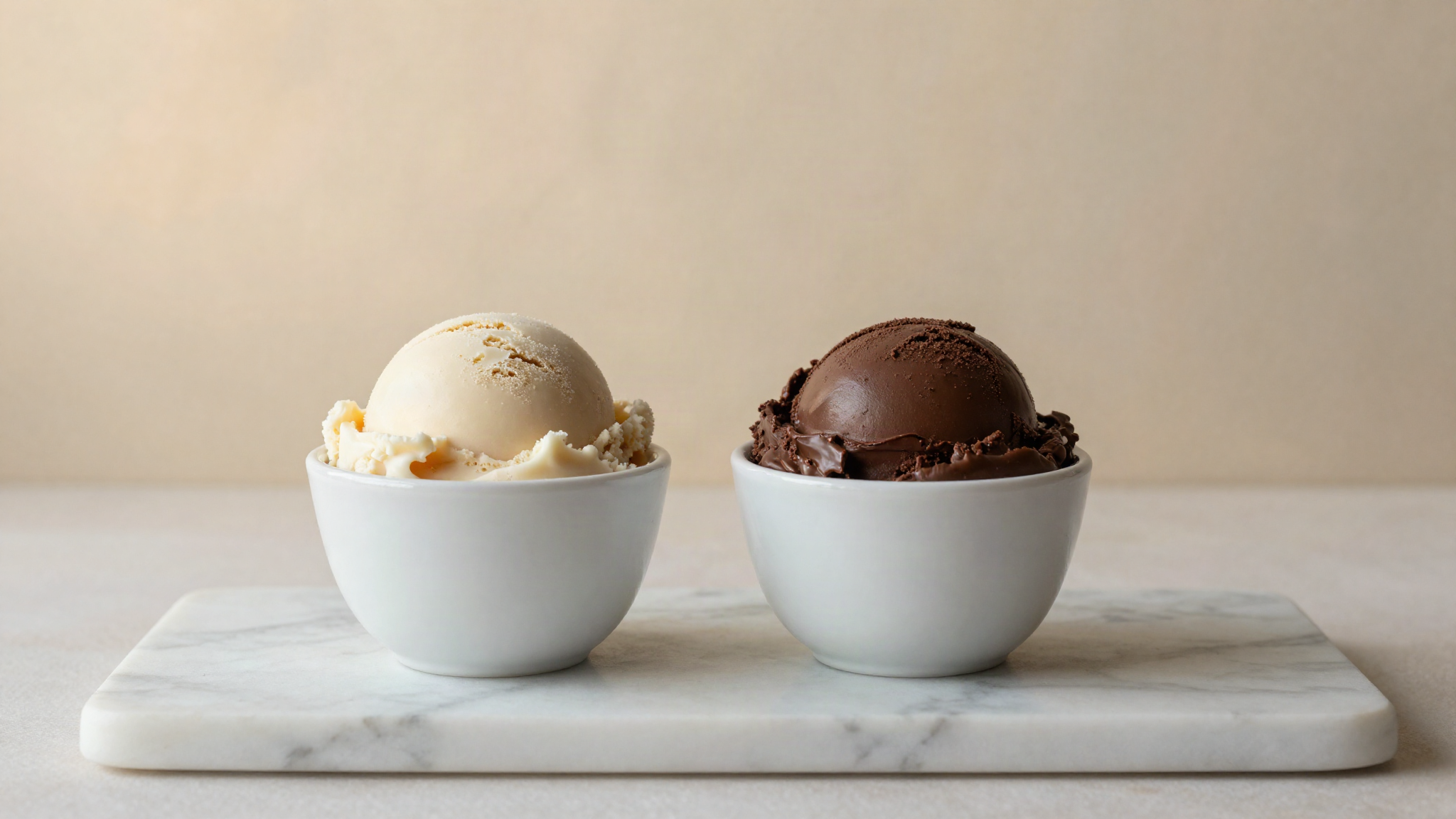 Two small ceramic cups of gelato side by side on marble, one milk chocolate and one dark chocolate