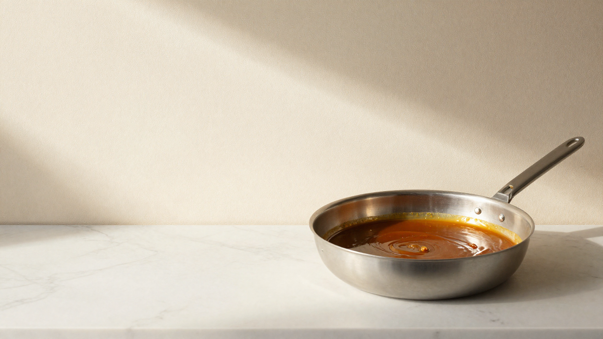 Amber caramel cooking in a stainless pan, the dry-caramel stage before the hot dairy is added