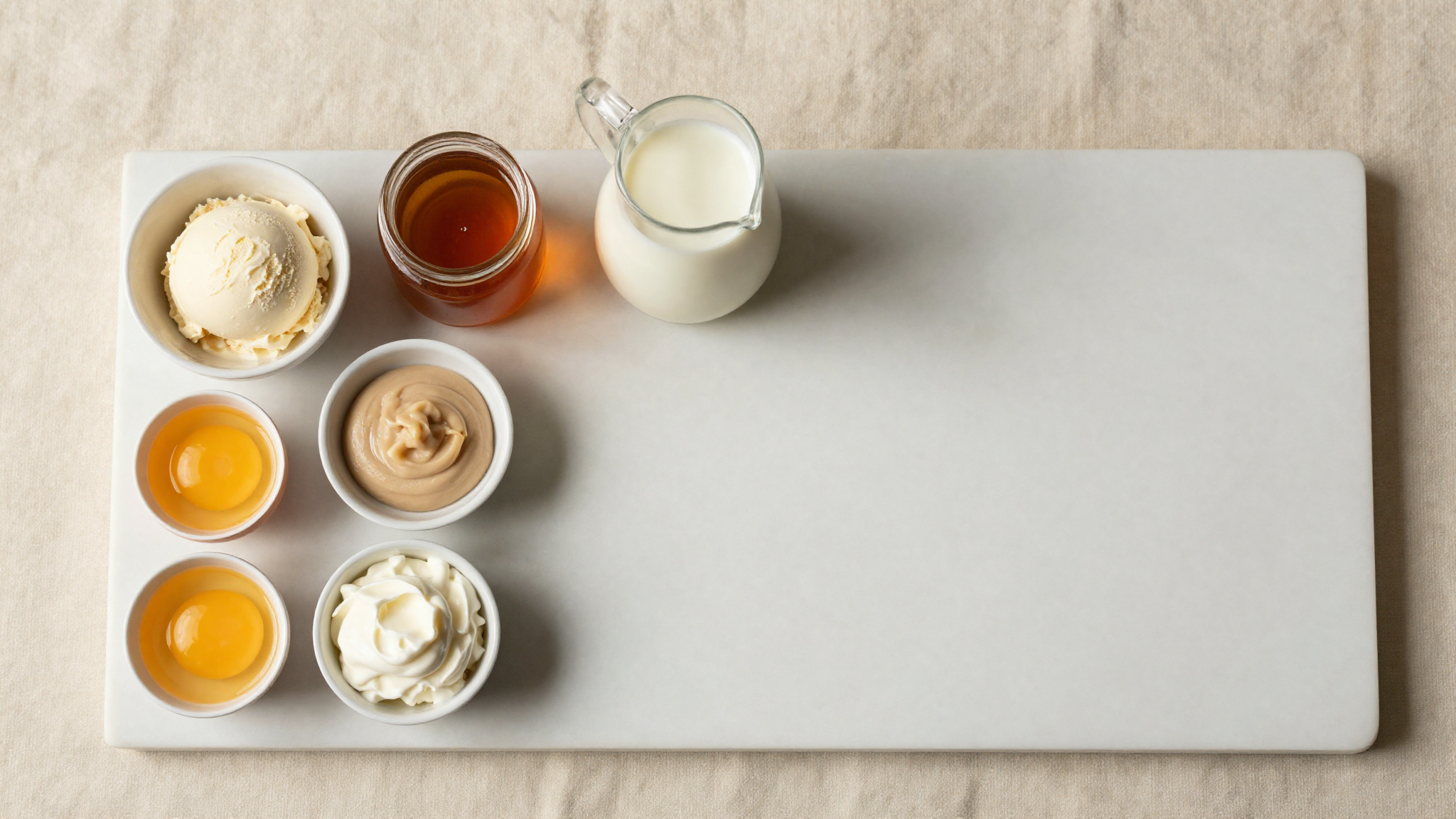 Ingredients for miso caramel gelato laid out on marble: a bowl of white miso, amber caramel, milk, and cream