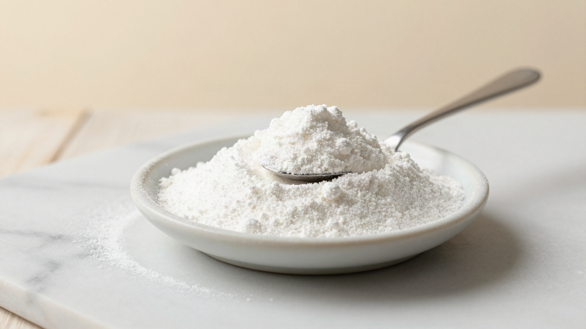 A small ceramic dish of fine white modified starch powder on a marble surface beside a soft spoonful mound