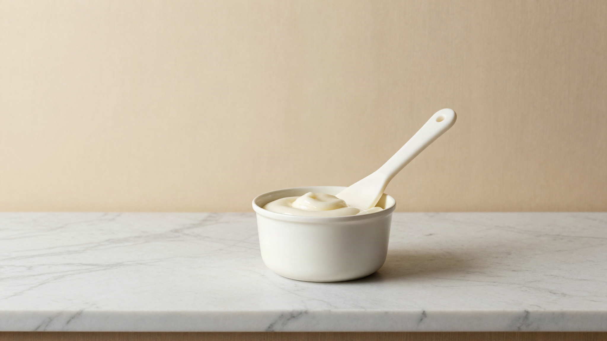 A small saucepan of thick glossy white starch gel with a silicone spatula lifting a smooth ribbon