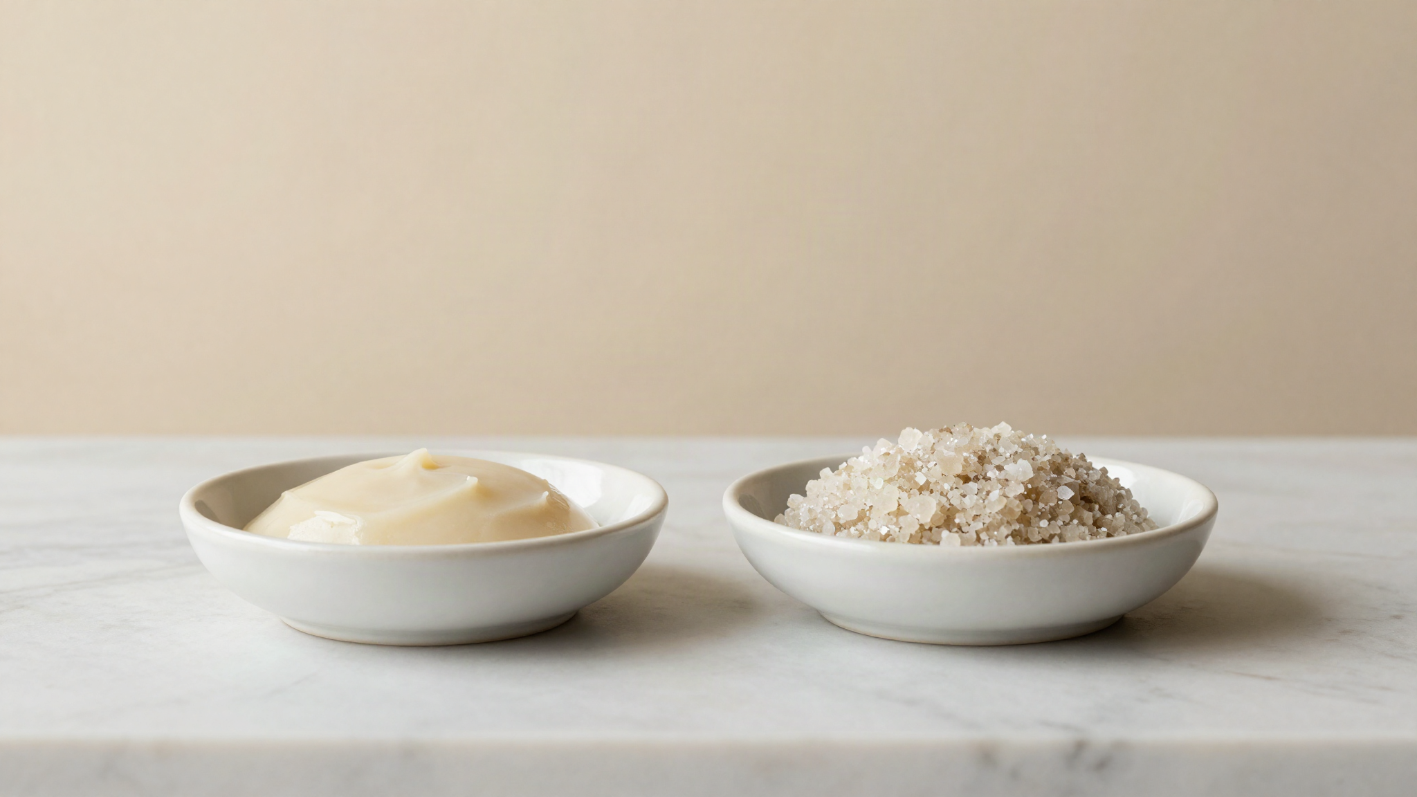 Two small dishes of pale gelato side by side on marble, one smooth and one coarse and crystalline