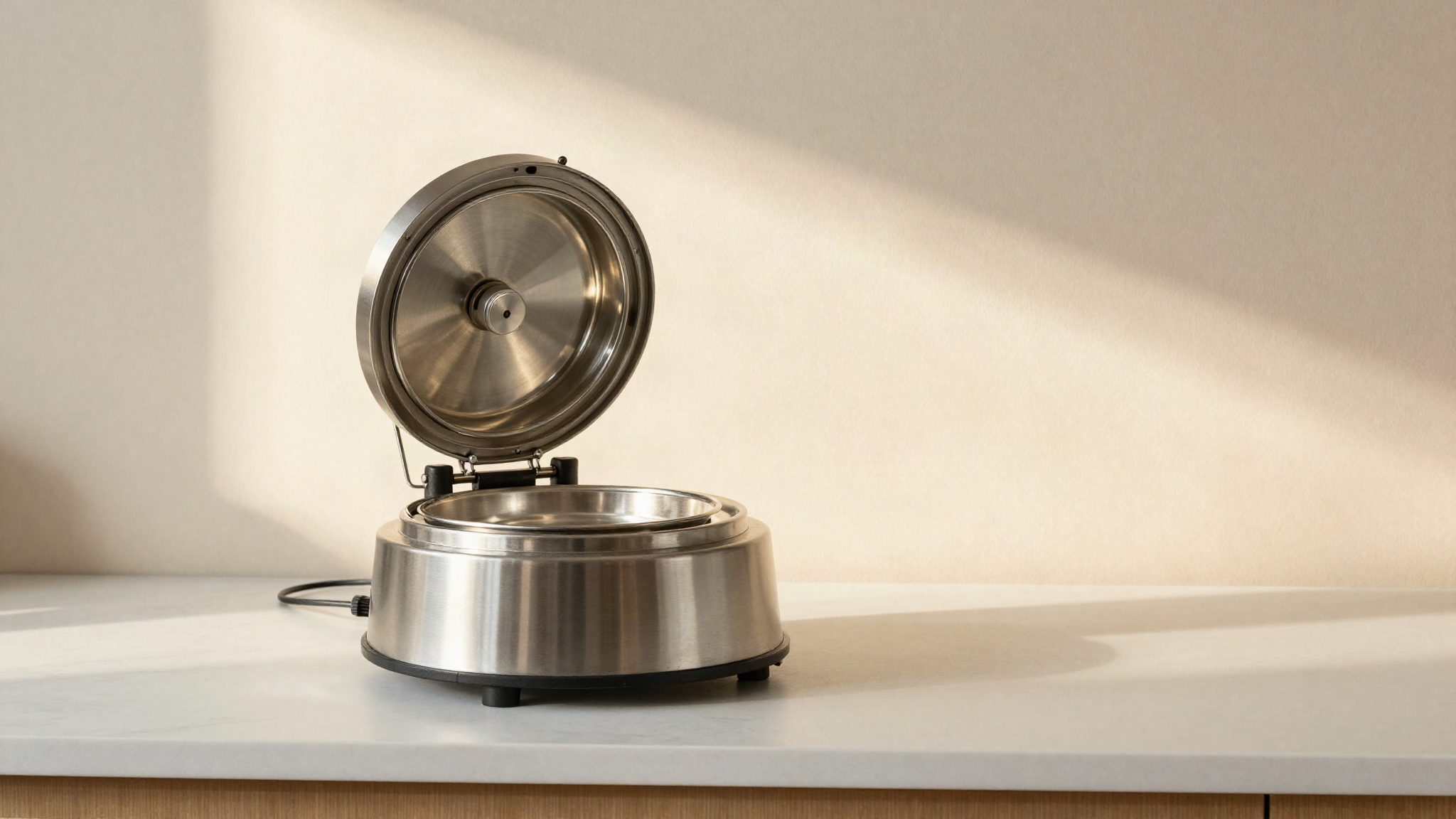 Compact stainless steel laboratory moisture analyser with its drying chamber lid open showing an empty metal sample pan on a gelato lab counter