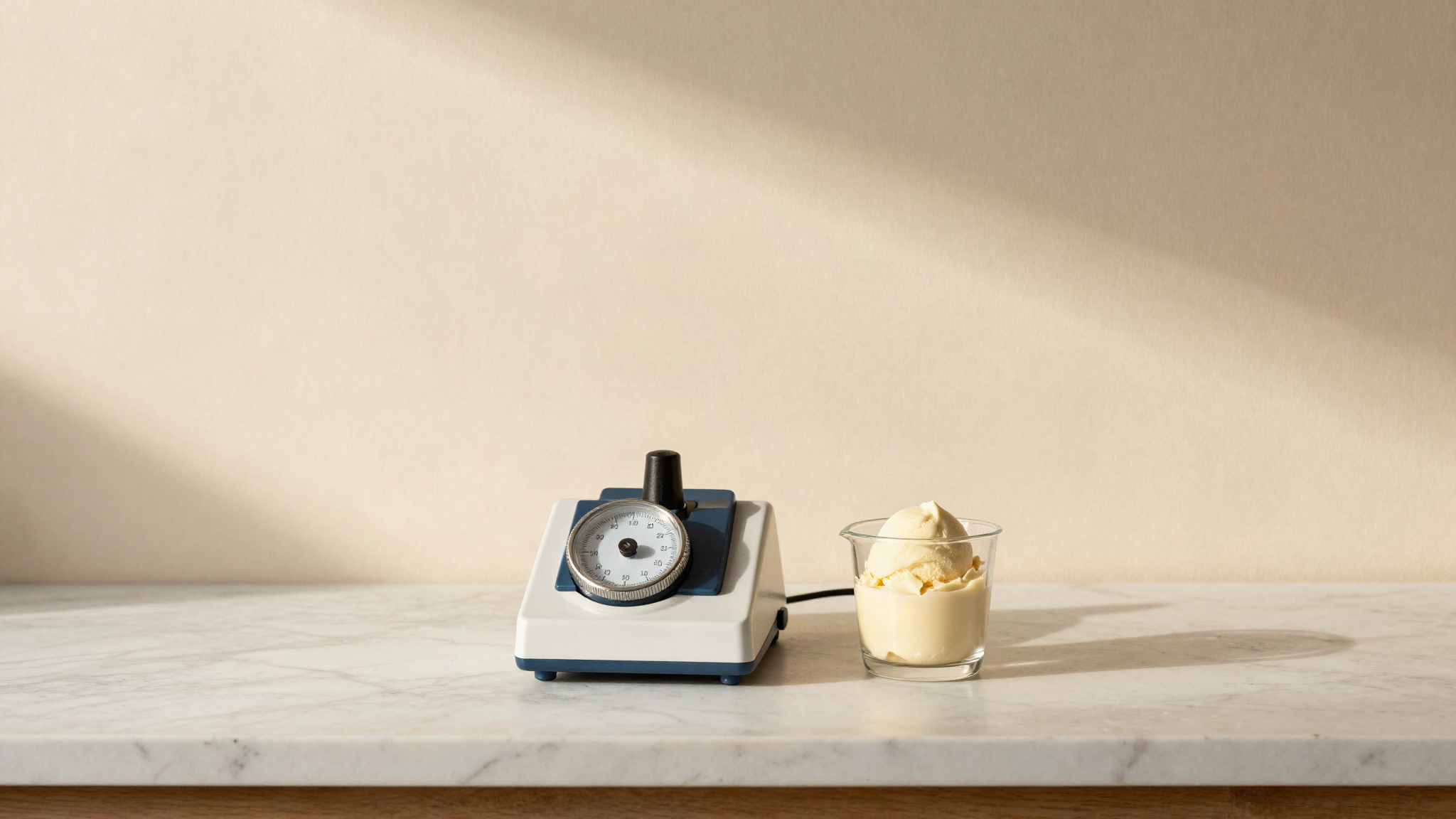 Handheld optical refractometer beside a small glass beaker of pale gelato mix on a marble laboratory counter