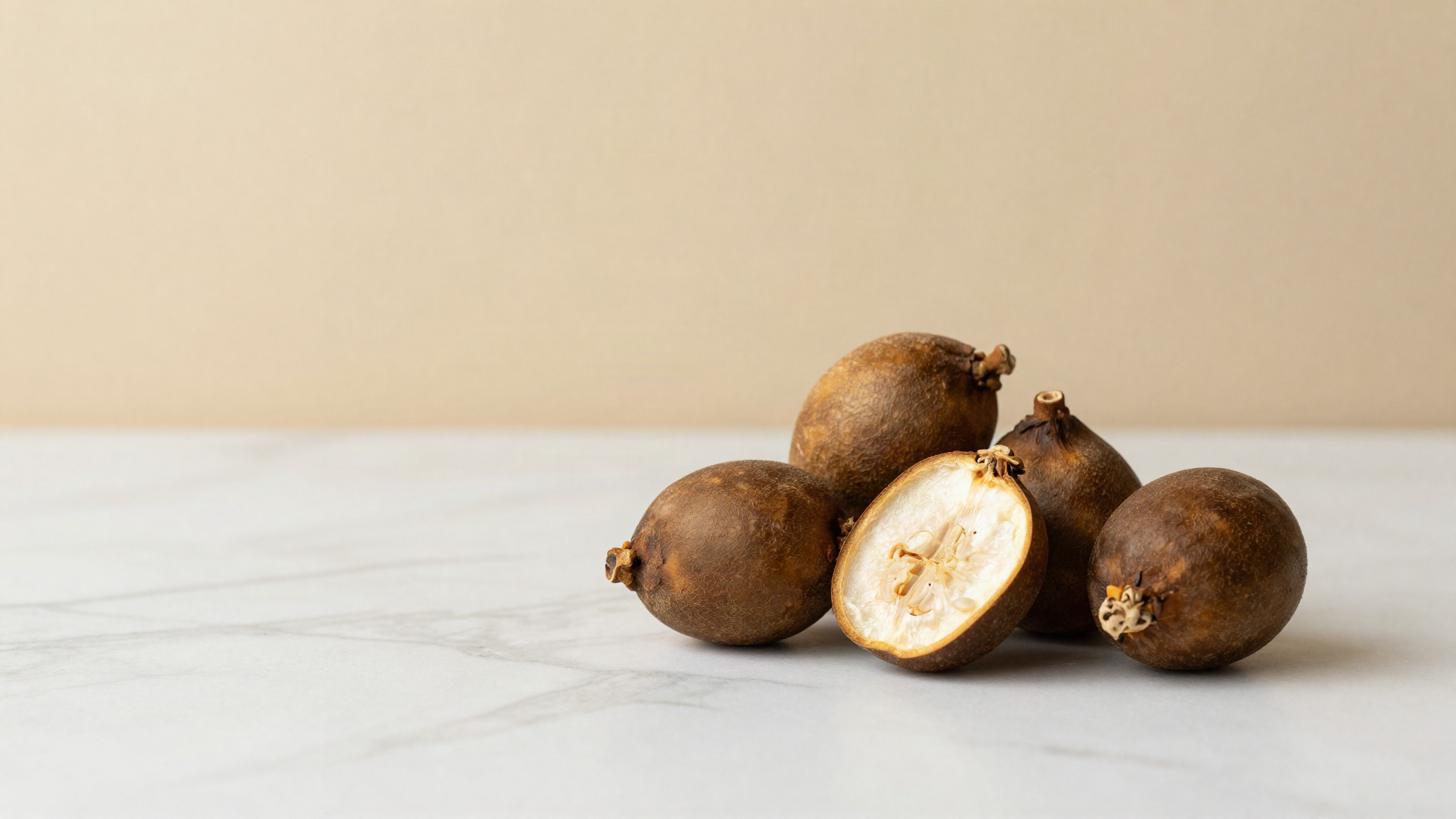 Dried monk fruit on a marble surface, one whole and one cut open showing the pale interior