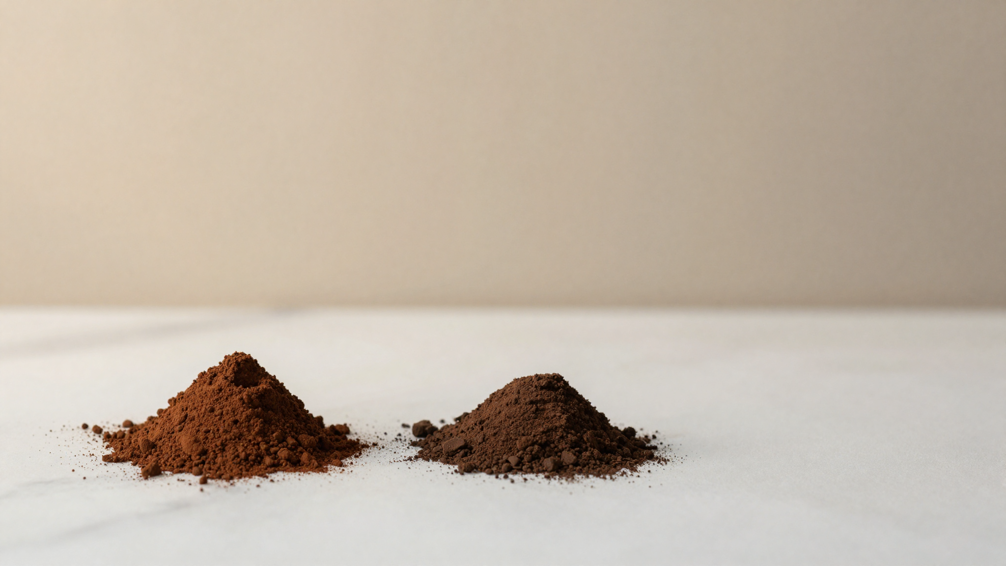 Natural and Dutched cocoa powder side by side on white marble