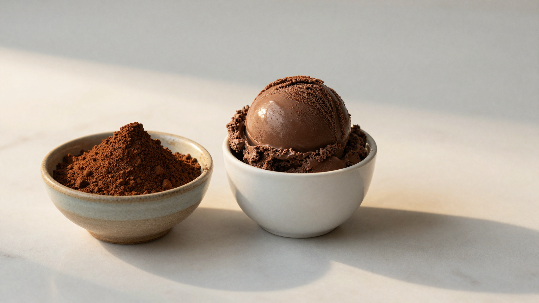 Dark Dutched cocoa beside a rich chocolate gelato scoop