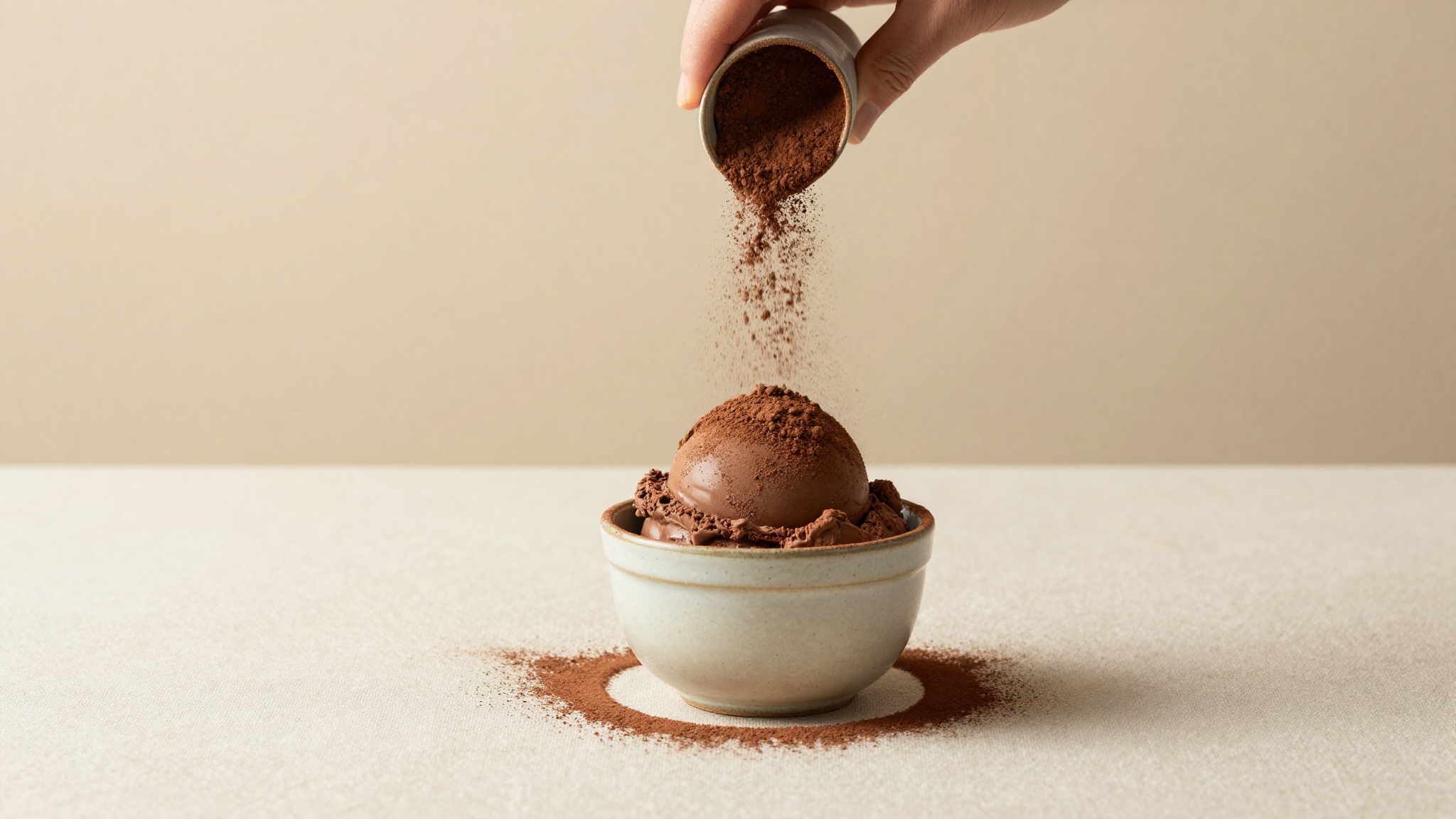 Natural cocoa dusted over a fresh chocolate gelato scoop