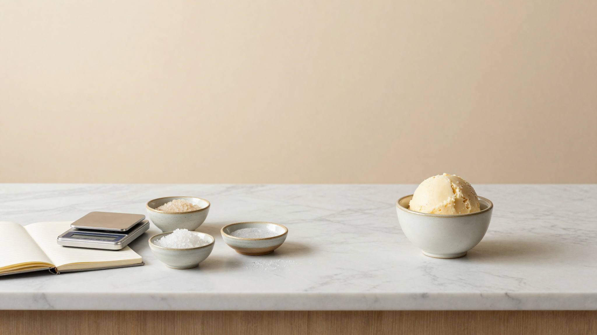 A premium Italian gelato lab counter top down view with notebook, tiny digital scale, ceramic bowls of allulose and erythritol, and a single ceramic cup of pale gelato