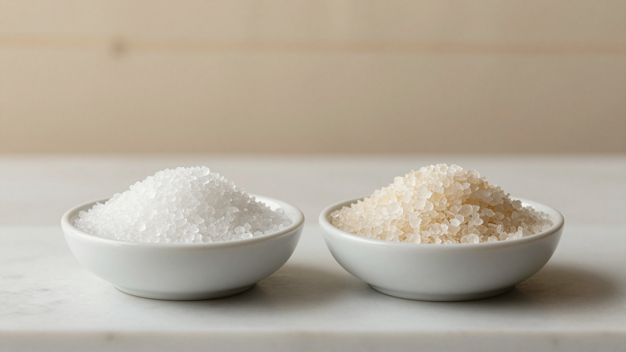 A gelato lab counter with a digital scale, small bowls of erythritol and allulose crystals, and a clean white linen background